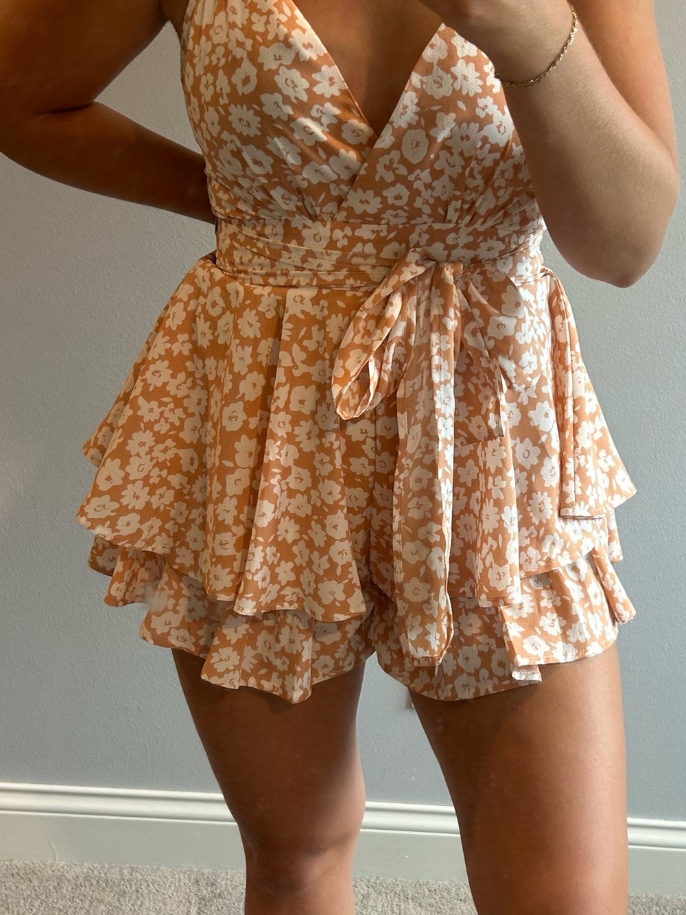Pink Lily Peach Floral Ruffle Tie-Front Skort